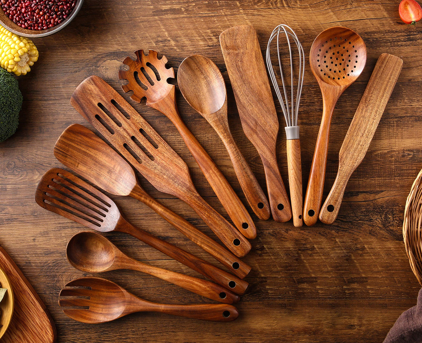 NAYAHOSE Wooden Kitchen Utensils Set, 11 Pcs Teak Wood Cooking Utensils Spoons Spatulas Spurtles Kit Non-stick Natural Kitchen Tools for Cooking