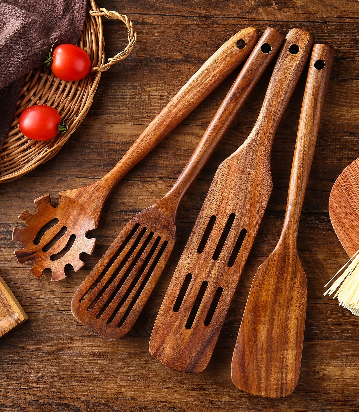 NAYAHOSE Wooden Kitchen Utensils Set, 11 Pcs Teak Wood Cooking Utensils Spoons Spatulas Spurtles Kit Non-stick Natural Kitchen Tools for Cooking