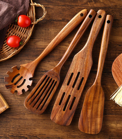 NAYAHOSE Wooden Kitchen Utensils Set, 11 Pcs Teak Wood Cooking Utensils Spoons Spatulas Spurtles Kit Non-stick Natural Kitchen Tools for Cooking
