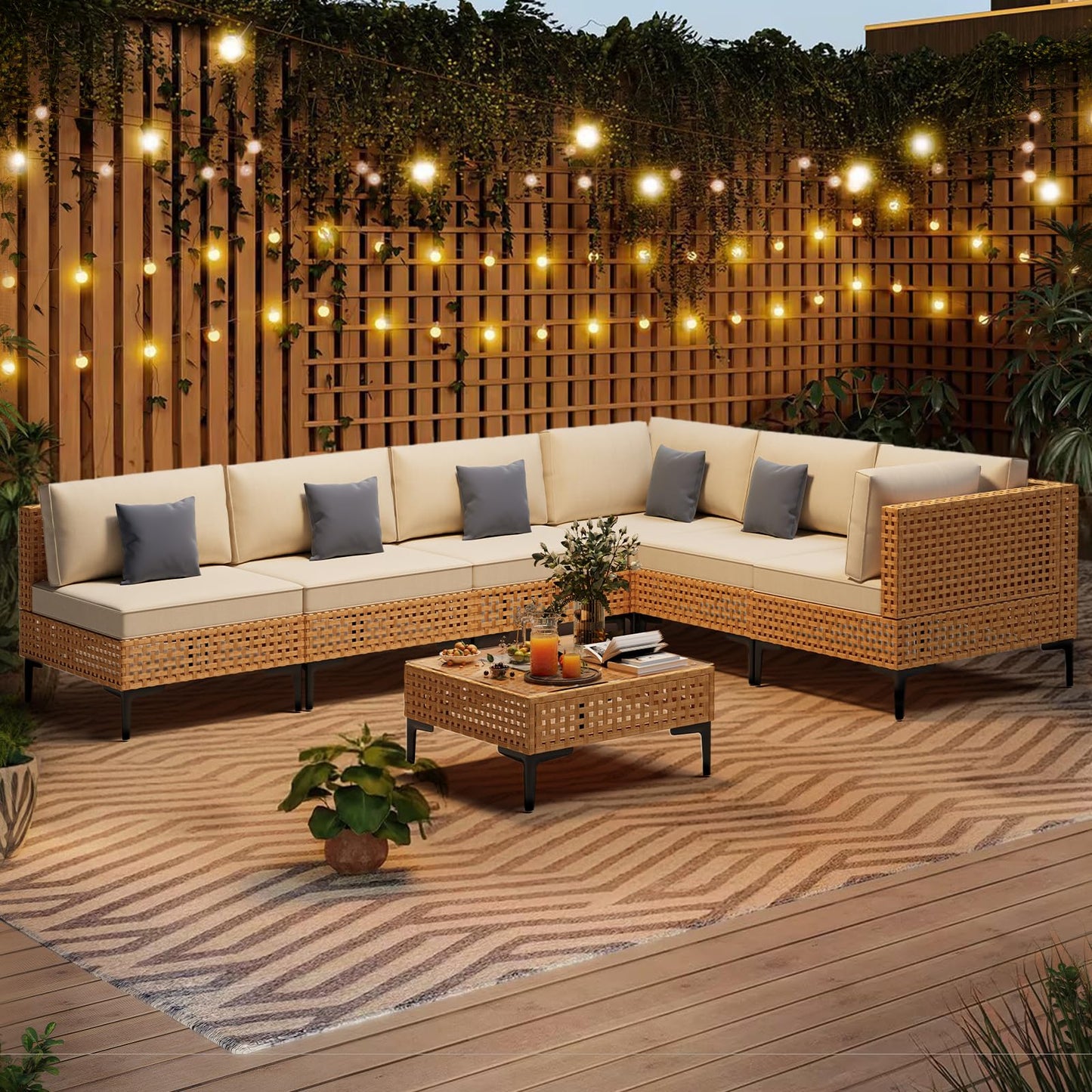 ABCASA Patio Furniture Set, 110" Large 7-Piece Wicker Outdoor Patio Furniture Sets with Coffee Table,Boho Patio Conversation Set Sectional Sofa with All-Weather Cushions for Backyard,Porch,Beige - CookCave