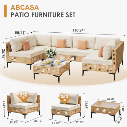 ABCASA Patio Furniture Set, 110" Large 7-Piece Wicker Outdoor Patio Furniture Sets with Coffee Table,Boho Patio Conversation Set Sectional Sofa with All-Weather Cushions for Backyard,Porch,Beige - CookCave