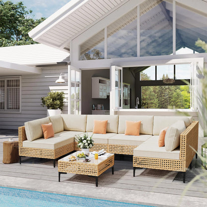 ABCASA Patio Furniture Set, 110" Large 7-Piece Wicker Outdoor Patio Furniture Sets with Coffee Table,Boho Patio Conversation Set Sectional Sofa with All-Weather Cushions for Backyard,Porch,Beige - CookCave