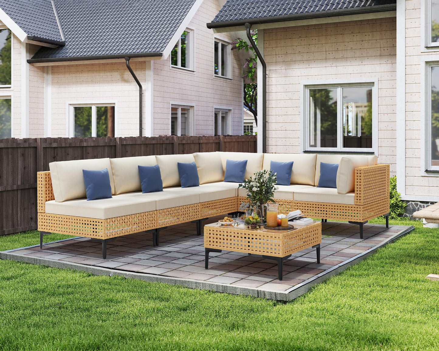 ABCASA Patio Furniture Set, 110" Large 7-Piece Wicker Outdoor Patio Furniture Sets with Coffee Table,Boho Patio Conversation Set Sectional Sofa with All-Weather Cushions for Backyard,Porch,Beige - CookCave