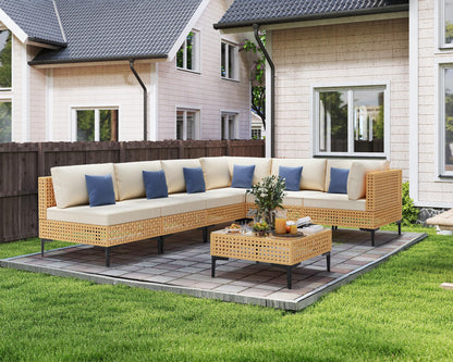ABCASA Patio Furniture Set, 110" Large 7-Piece Wicker Outdoor Patio Furniture Sets with Coffee Table,Boho Patio Conversation Set Sectional Sofa with All-Weather Cushions for Backyard,Porch,Beige - CookCave