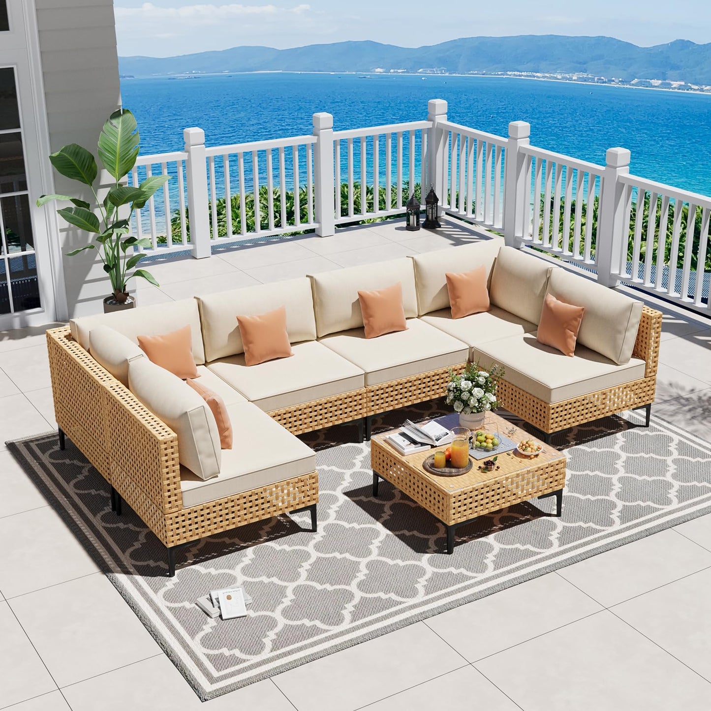 ABCASA Patio Furniture Set, 110" Large 7-Piece Wicker Outdoor Patio Furniture Sets with Coffee Table,Boho Patio Conversation Set Sectional Sofa with All-Weather Cushions for Backyard,Porch,Beige - CookCave
