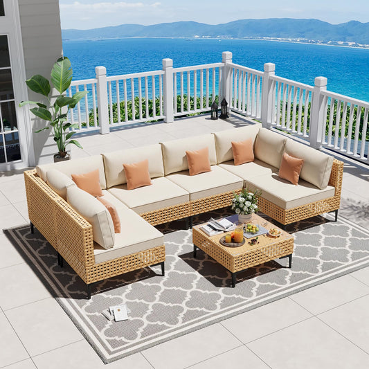 ABCASA Patio Furniture Set, 110" Large 7-Piece Wicker Outdoor Patio Furniture Sets with Coffee Table,Boho Patio Conversation Set Sectional Sofa with All-Weather Cushions for Backyard,Porch,Beige - CookCave