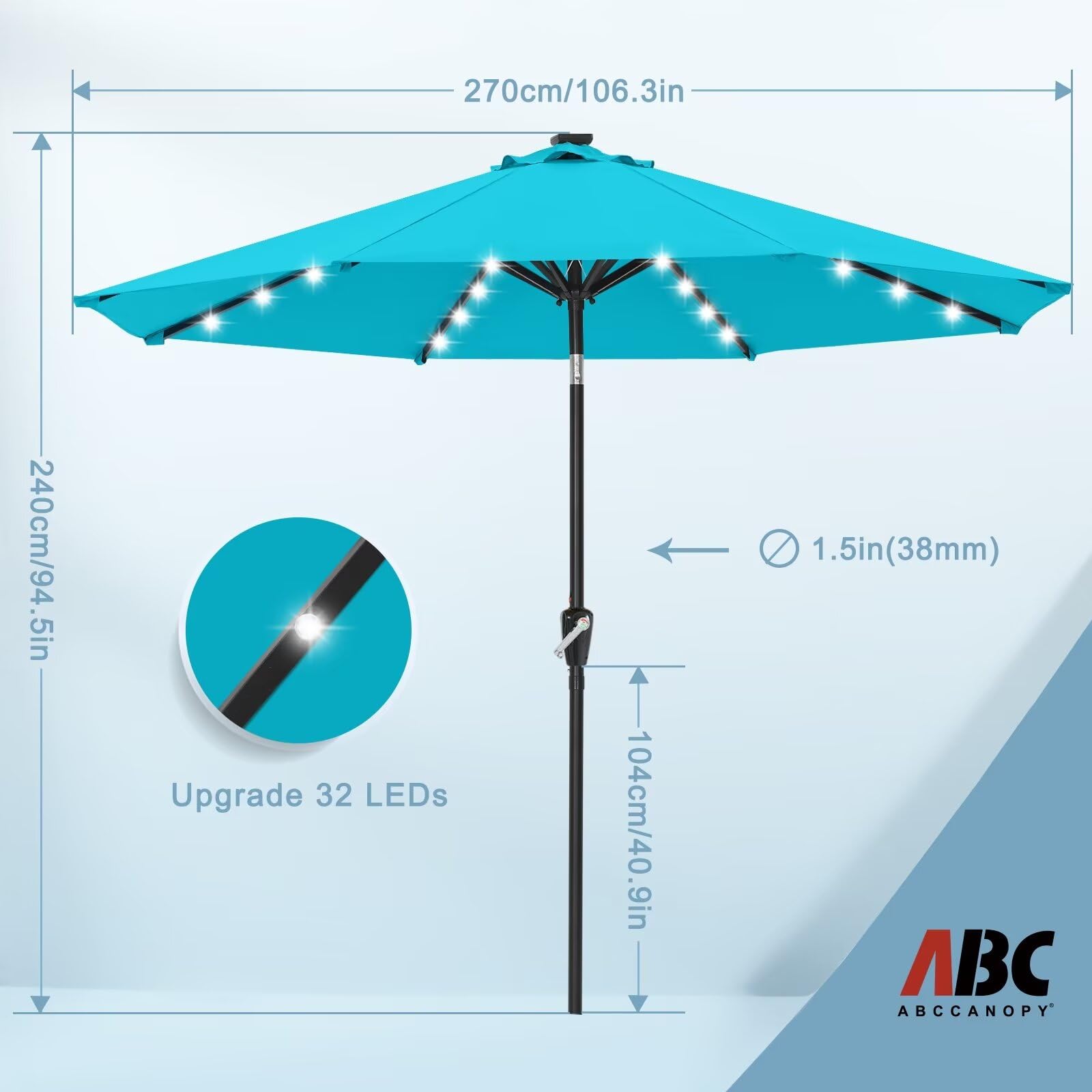ABCCANOPY Durable Solar Led Patio Umbrellas with 32LED Lights 9FT (Turquoise) - CookCave