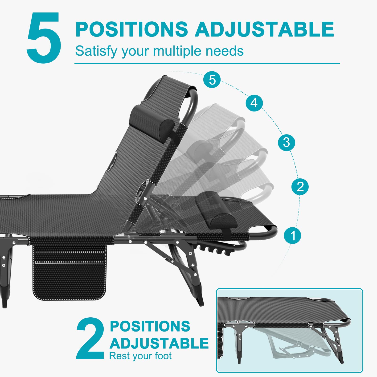 ABORON Chaise Lounge Chair,5 Positions Padded Outdoor Tanning Chair,Heavy Duty Portable Lounge Chair for Outdoor Sunbathing Patio Pool Lawn Deck Poolside,Support up to 440 Lbs - CookCave