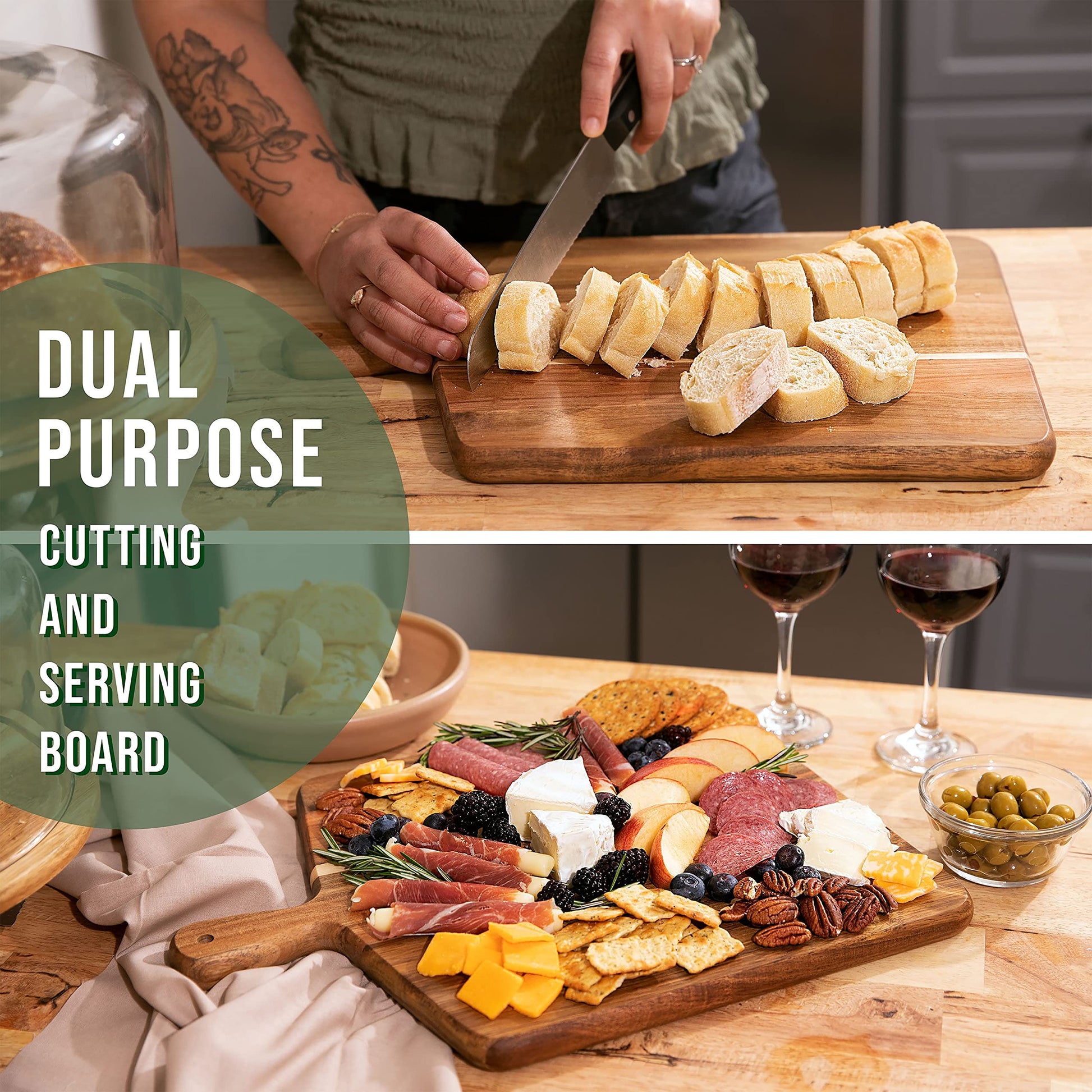 Acacia Wood Cutting Board and Chopping Board with Handle for Meat, Cheese Board, Vegetables, Bread, and Charcuterie - Decorative Wooden Serving Board for Kitchen and Dining Room, Large 17” x 13” - CookCave