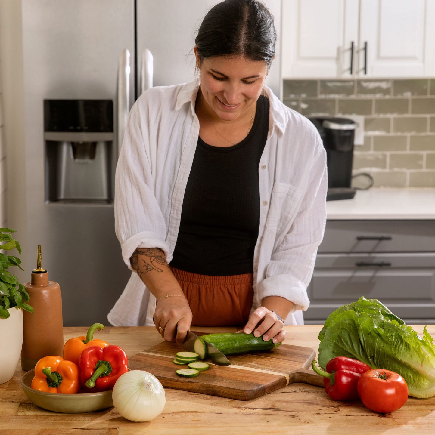 Acacia Wood Cutting Board and Chopping Board with Handle for Meat, Cheese Board, Vegetables, Bread, and Charcuterie - Decorative Wooden Serving Board for Kitchen and Dining Room, Large 17” x 13” - CookCave