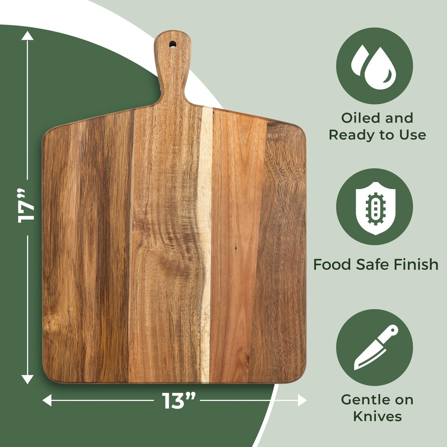 Acacia Wood Cutting Board and Chopping Board with Handle for Meat, Cheese Board, Vegetables, Bread, and Charcuterie - Decorative Wooden Serving Board for Kitchen and Dining Room, Large 17” x 13” - CookCave