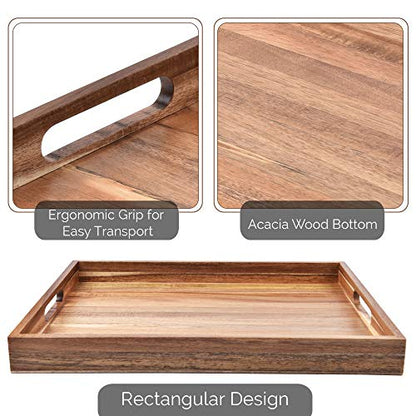 Acacia Wood Serving Tray with Handles (17 Inches) – Decorative Serving Trays Platter for Breakfast in Bed, Lunch, Dinner, Appetizers, Patio, Ottoman, Coffee Table, BBQ, Party –Great for Lap &Couch - CookCave