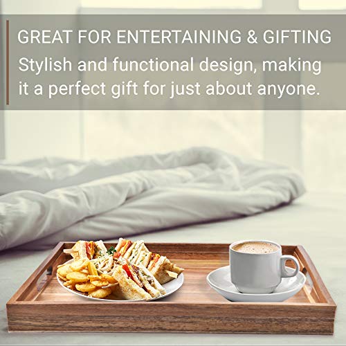Acacia Wood Serving Tray with Handles (17 Inches) – Decorative Serving Trays Platter for Breakfast in Bed, Lunch, Dinner, Appetizers, Patio, Ottoman, Coffee Table, BBQ, Party –Great for Lap &Couch - CookCave