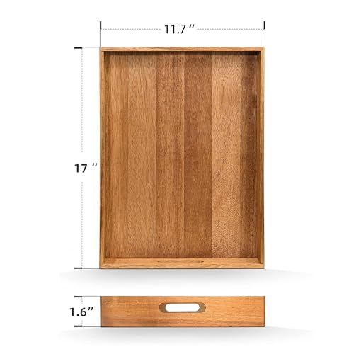 Acacia Wood Serving Tray with Handles (17 Inches) – Decorative Serving Trays Platter for Breakfast in Bed, Lunch, Dinner, Appetizers, Patio, Ottoman, Coffee Table, BBQ, Party –Great for Lap &Couch - CookCave