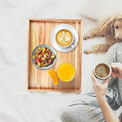 Acacia Wood Serving Tray with Handles (17 Inches) – Decorative Serving Trays Platter for Breakfast in Bed, Lunch, Dinner, Appetizers, Patio, Ottoman, Coffee Table, BBQ, Party –Great for Lap &Couch - CookCave