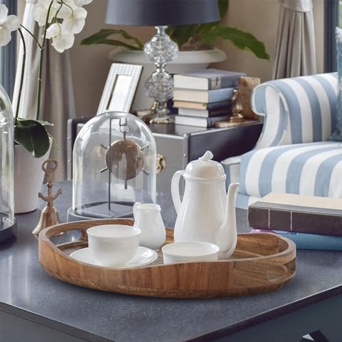 Acacia Wood Serving Tray with Handles - 17"x13" Round, Decorative Ottoman Tray for Living Room, Coffee Table, Breakfast in Bed, Candle Display - CookCave