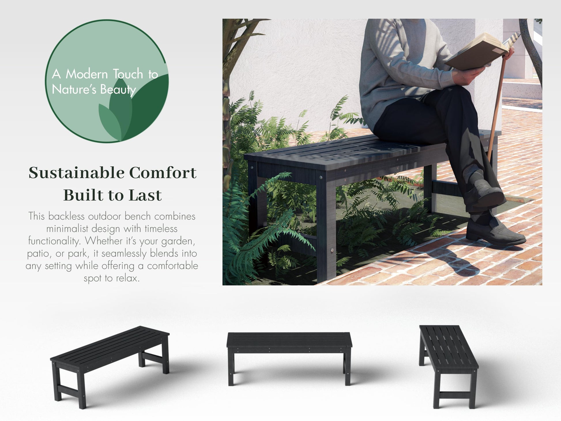 ACUEL 48" HDPE Outdoor Bench, All-Weather & Fade-Resistant 2-Person Garden Bench, Low Maintenance Patio Bench for Garden, Porch & Patio,Black - CookCave