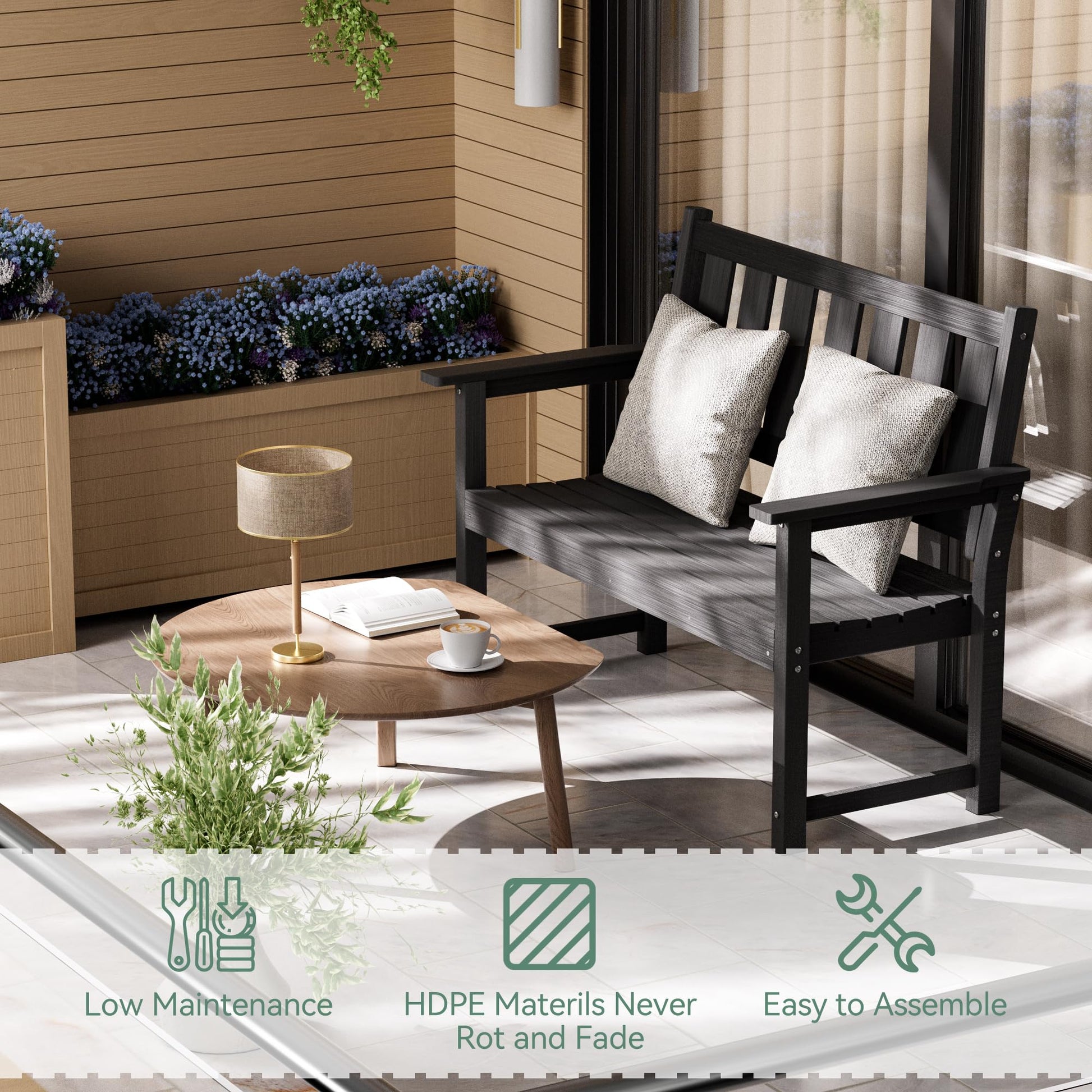 ACUEL HDPE Memorial Bench – 50'' Weatherproof Durable Outdoor Bench, 2-Person Park Bench, Easy to Move, Multi-Purpose Design Ideal for Porch, Patio, Church, and School (Black) - CookCave