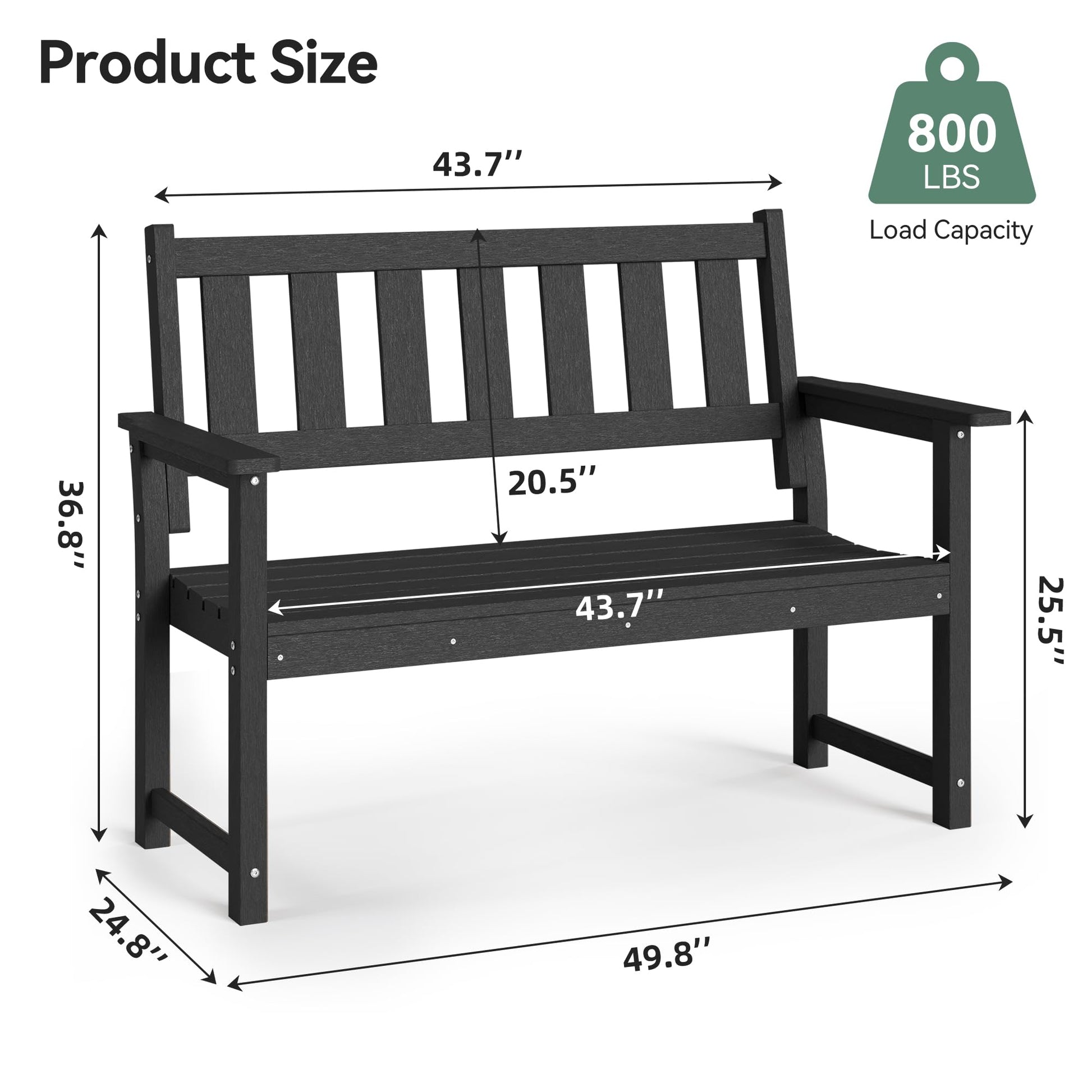 ACUEL HDPE Memorial Bench – 50'' Weatherproof Durable Outdoor Bench, 2-Person Park Bench, Easy to Move, Multi-Purpose Design Ideal for Porch, Patio, Church, and School (Black) - CookCave