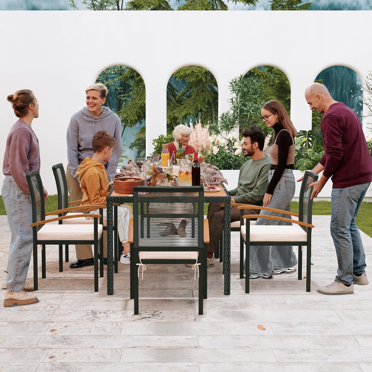 AERBUSKE 7-Piece Outdoor Patio Furniture Set - Wicker Dining Set for 6, Perfect for Garden, Yard, Porch, Poolside - CookCave