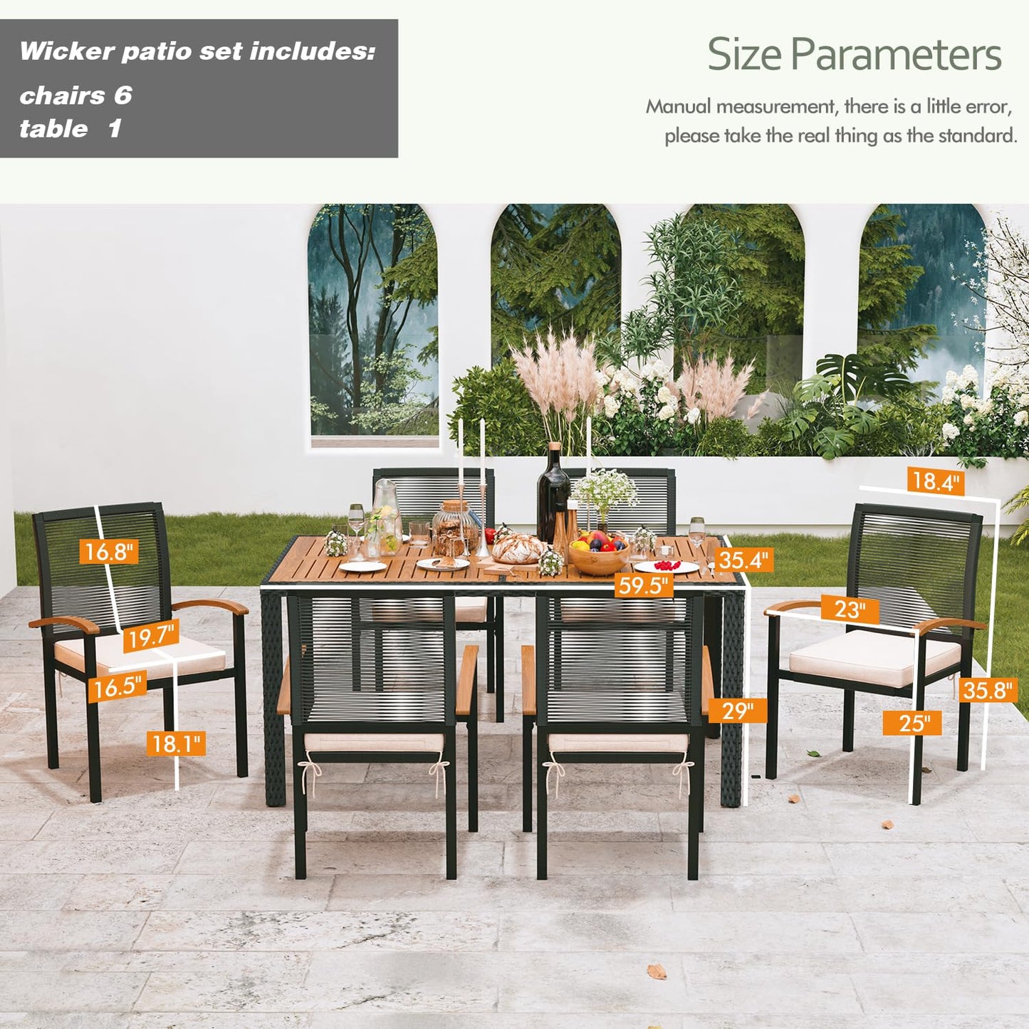 AERBUSKE 7-Piece Outdoor Patio Furniture Set - Wicker Dining Set for 6, Perfect for Garden, Yard, Porch, Poolside - CookCave