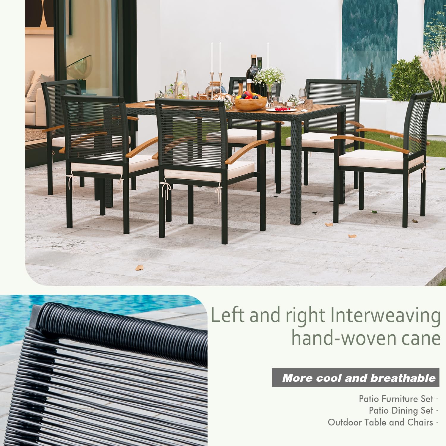 AERBUSKE 7-Piece Outdoor Patio Furniture Set - Wicker Dining Set for 6, Perfect for Garden, Yard, Porch, Poolside - CookCave