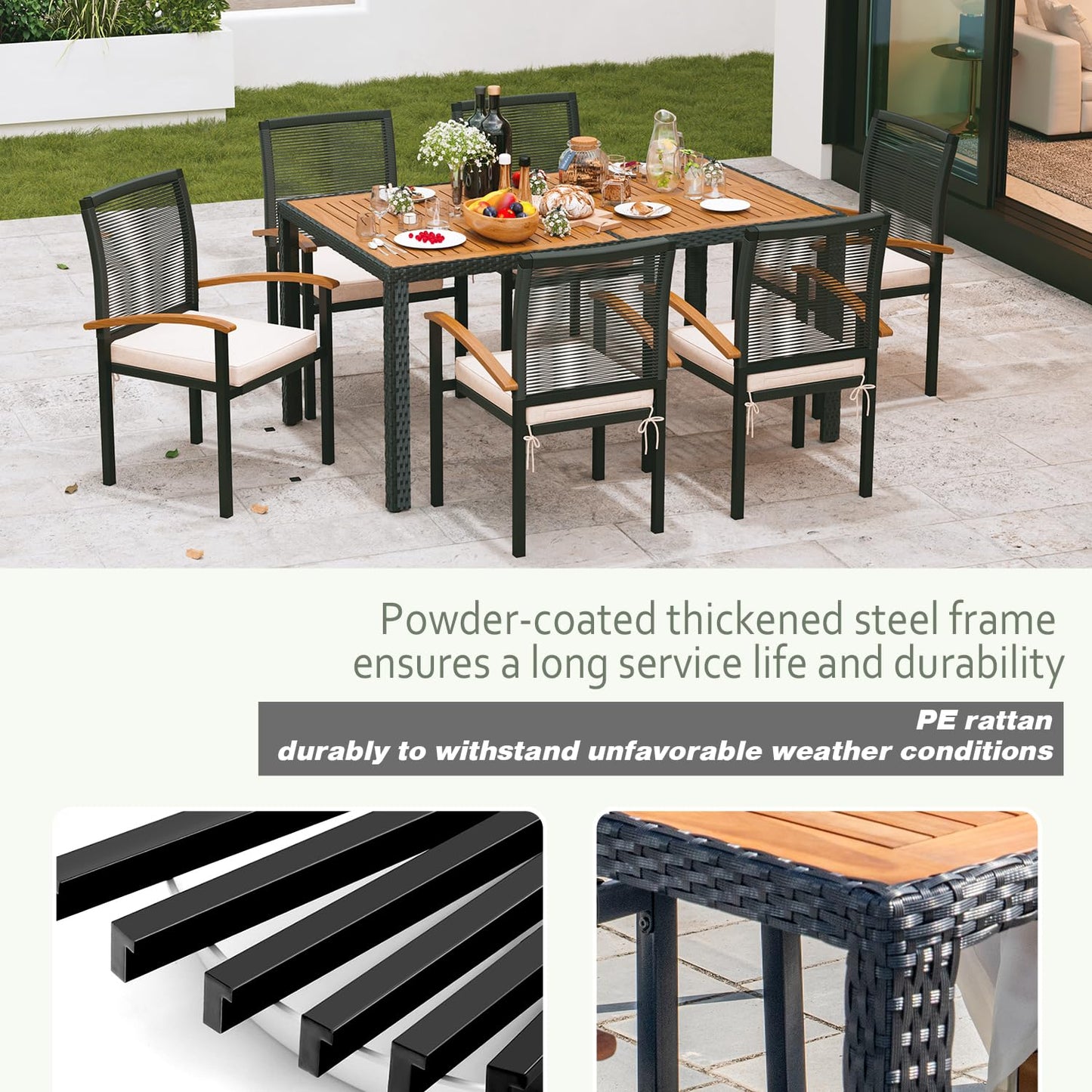 AERBUSKE 7-Piece Outdoor Patio Furniture Set - Wicker Dining Set for 6, Perfect for Garden, Yard, Porch, Poolside - CookCave