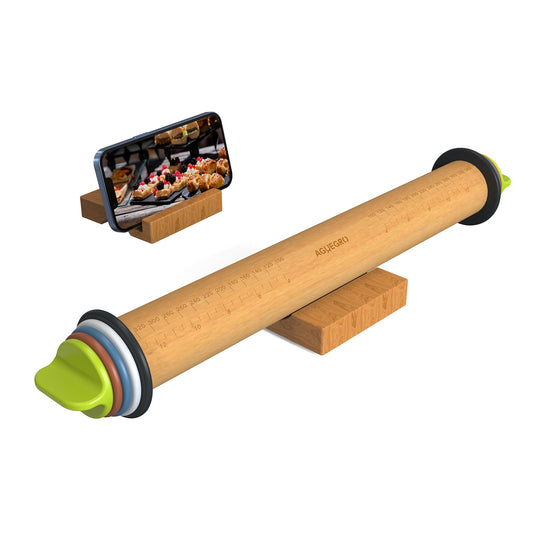Aguegro Rolling Pin with Thickness Ring, Rolling Pin for Baking, Fondant, Pizza, Crust, Cookies, Pastry Dough Thickness, 13.6” Wooden Rolling Pin with 4 Multi-Color Thickness Rings and Wooden Base - CookCave