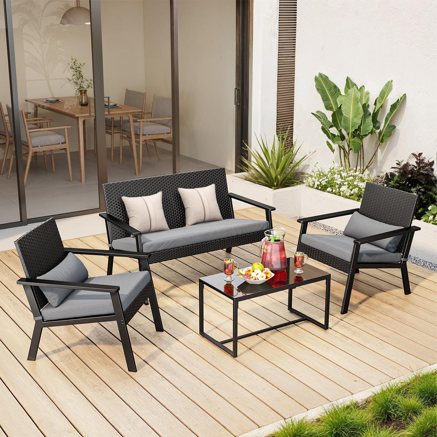 Ahomly 4-Piece Outdoor Wicker Patio Furniture Set with Deep Seating Cushions and Table for Balcony, Backyard, and Porch (Gray) - CookCave