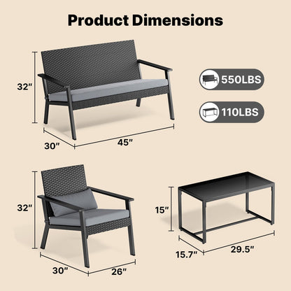 Ahomly 4-Piece Outdoor Wicker Patio Furniture Set with Deep Seating Cushions and Table for Balcony, Backyard, and Porch (Gray) - CookCave
