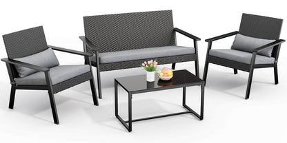 Ahomly 4-Piece Outdoor Wicker Patio Furniture Set with Deep Seating Cushions and Table for Balcony, Backyard, and Porch (Gray) - CookCave
