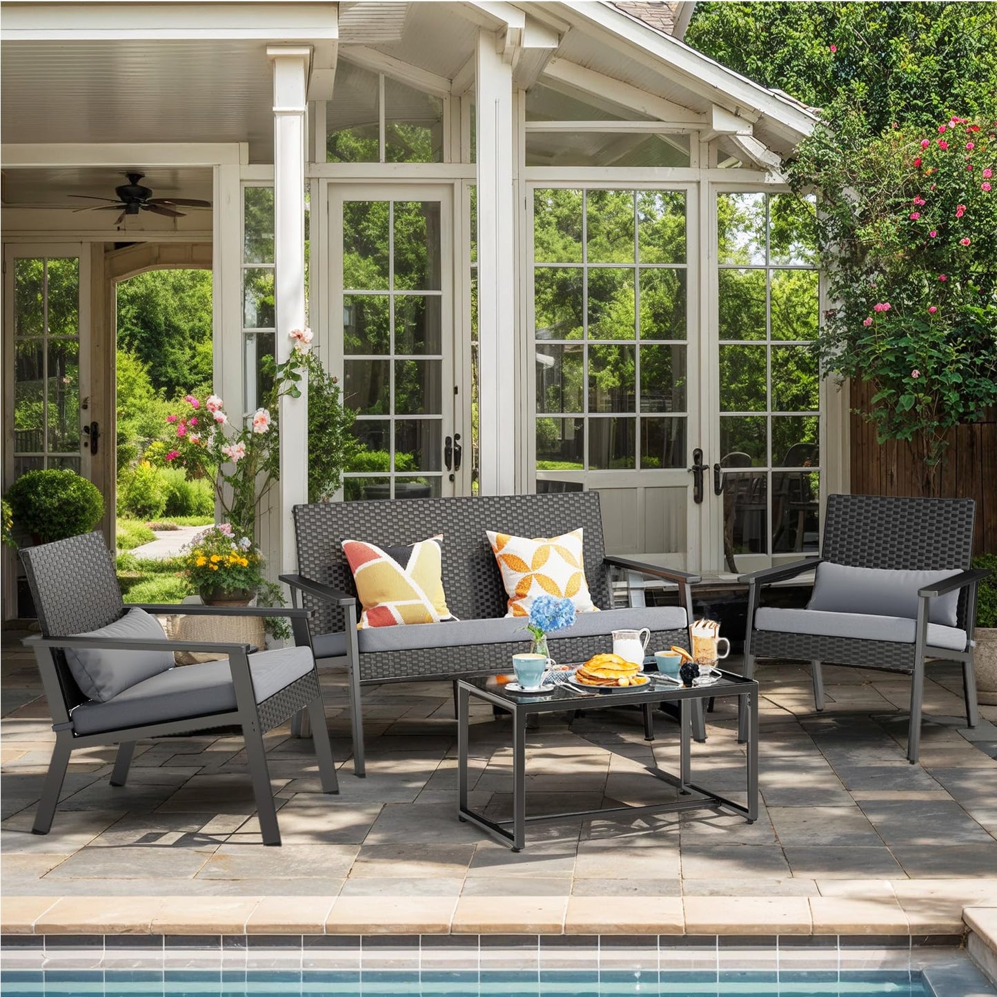 Ahomly 4-Piece Outdoor Wicker Patio Furniture Set with Deep Seating Cushions and Table for Balcony, Backyard, and Porch (Gray) - CookCave