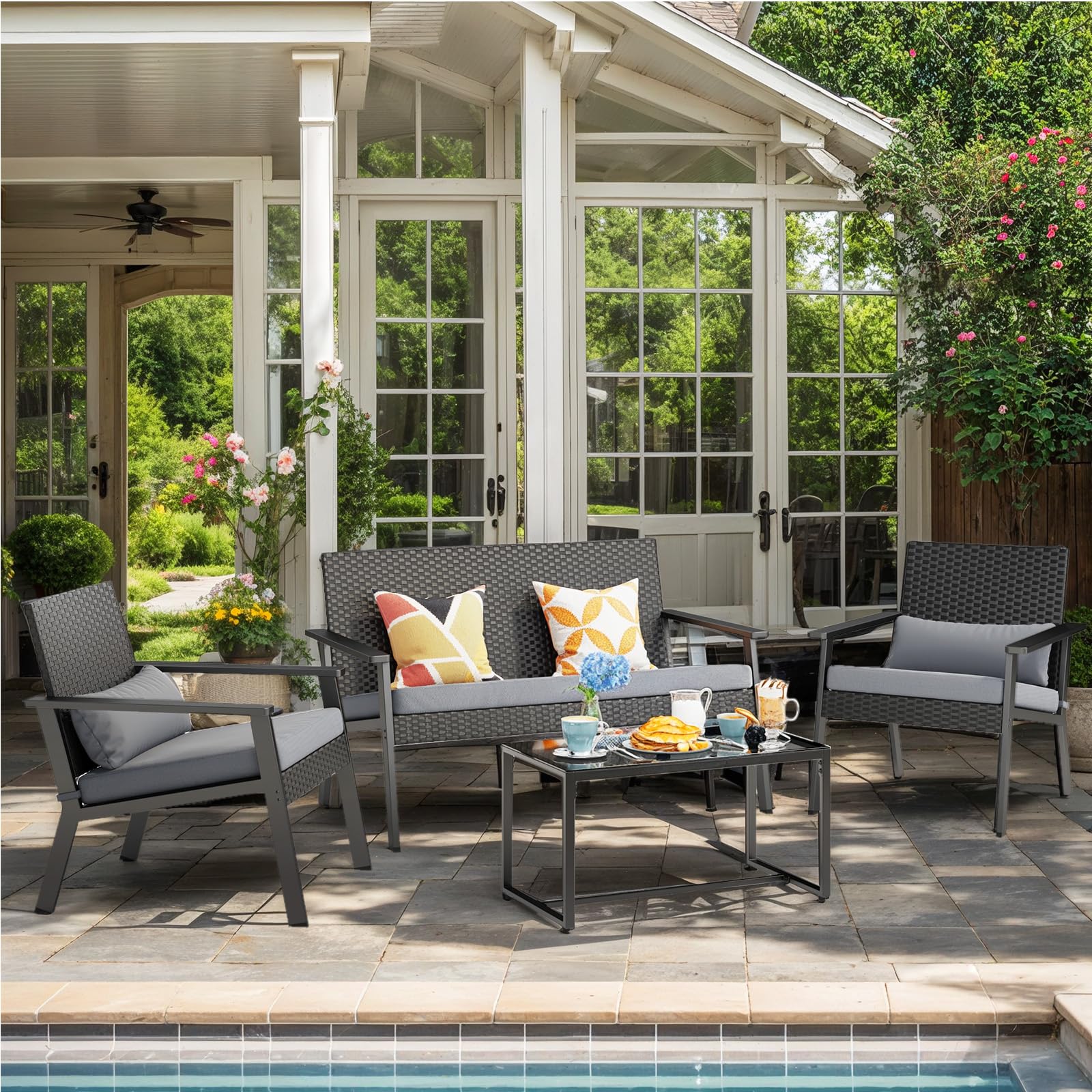 Ahomly 4-Piece Outdoor Wicker Patio Furniture Set with Deep Seating Cushions and Table for Balcony, Backyard, and Porch (Gray) - CookCave