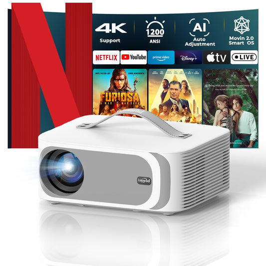 [AI Movin 2.0 System/1200 ANSI/Auto Focus] Projector-4K with WiFi 6 and Bluetooth, 30W DoIby Audio Netflix-Licensed Outdoor-Projector, Lisowod 1080P Smart Portable Proyector with HDR10+ 2025 Upgraded - CookCave