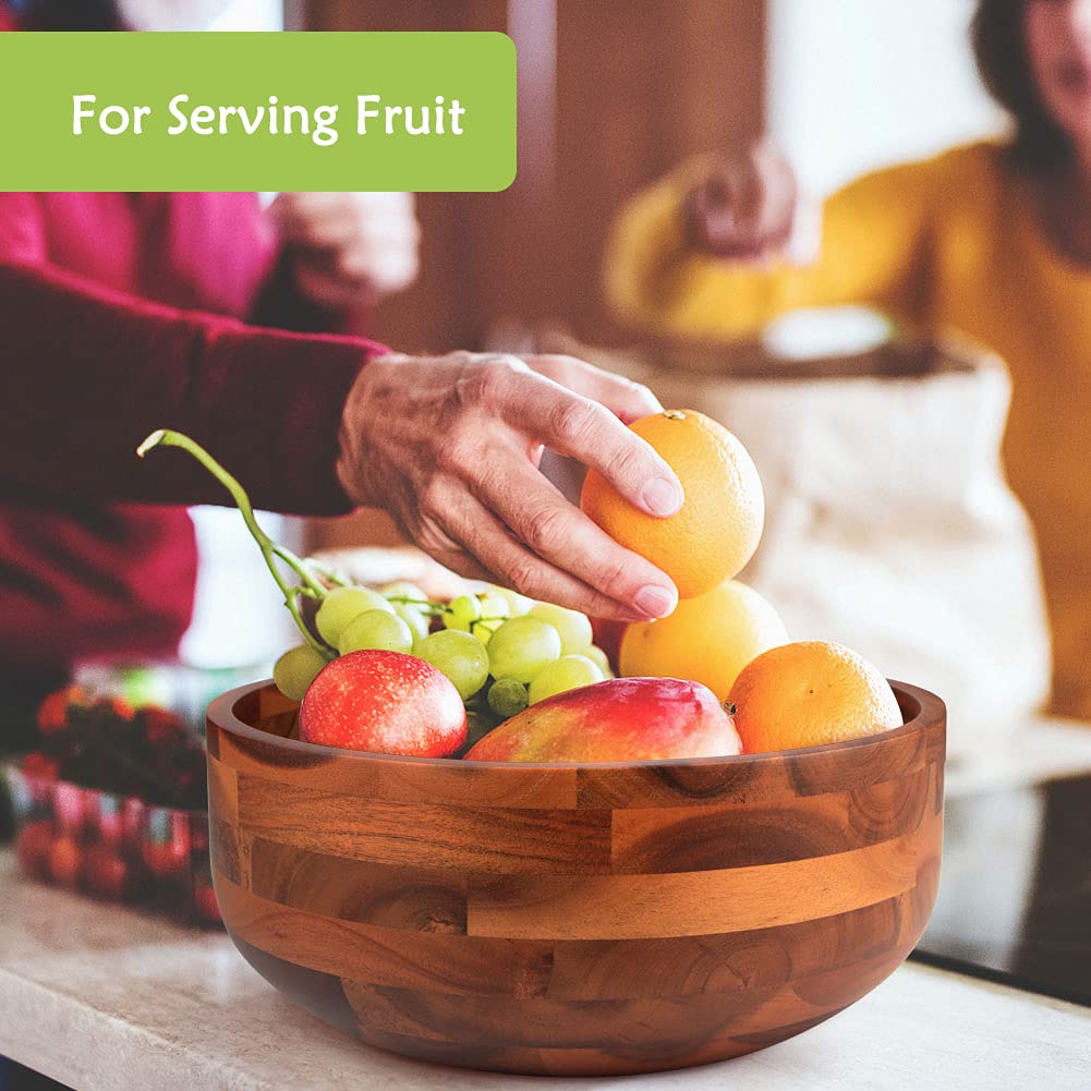 AIDEA Acacia Wood Salad Bowl Set with 2 Wooden Hands, Large Salad Bowl with Serving Utensils, Big Mixing Bowl for Fruits, Salad, Cereal, Corn flake,Pasta 11" Diameter x 4.5" Height - CookCave