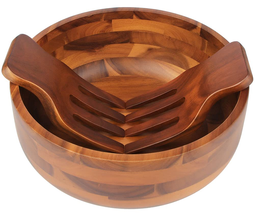 AIDEA Acacia Wood Salad Bowl Set with 2 Wooden Hands, Large Salad Bowl with Serving Utensils, Big Mixing Bowl for Fruits, Salad, Cereal, Corn flake,Pasta 11" Diameter x 4.5" Height - CookCave
