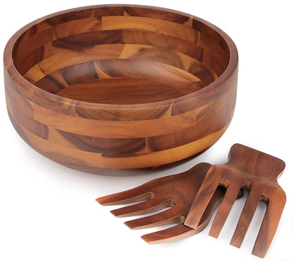 AIDEA Acacia Wood Salad Bowl Set with 2 Wooden Hands, Large Salad Bowl with Serving Utensils, Big Mixing Bowl for Fruits, Salad, Cereal, Corn flake,Pasta 11" Diameter x 4.5" Height - CookCave