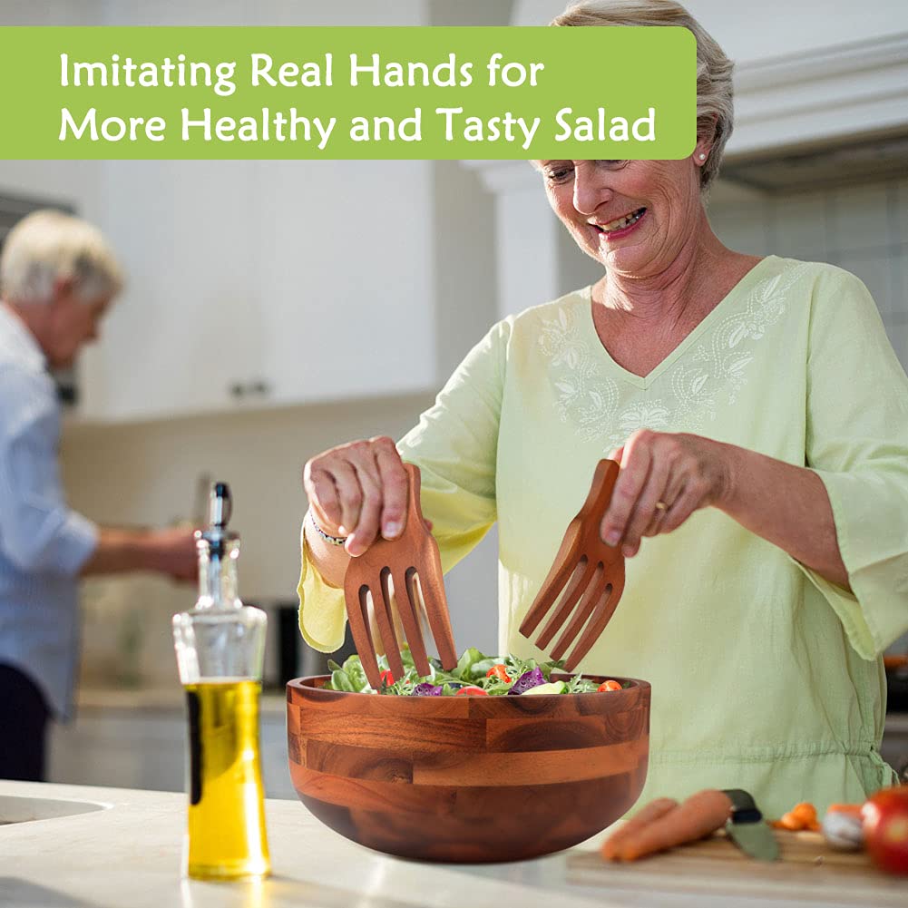 AIDEA Acacia Wood Salad Bowl Set with 2 Wooden Hands, Large Salad Bowl with Serving Utensils, Big Mixing Bowl for Fruits, Salad, Cereal, Corn flake,Pasta 11" Diameter x 4.5" Height - CookCave