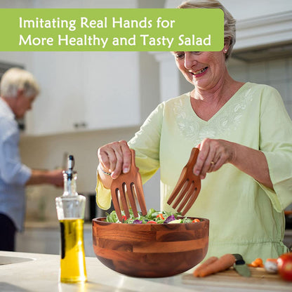 AIDEA Acacia Wood Salad Bowl Set with 2 Wooden Hands, Large Salad Bowl with Serving Utensils, Big Mixing Bowl for Fruits, Salad, Cereal, Corn flake,Pasta 11" Diameter x 4.5" Height - CookCave