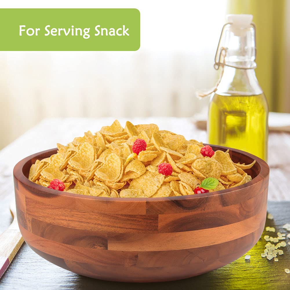 AIDEA Acacia Wood Salad Bowl Set with 2 Wooden Hands, Large Salad Bowl with Serving Utensils, Big Mixing Bowl for Fruits, Salad, Cereal, Corn flake,Pasta 11" Diameter x 4.5" Height - CookCave