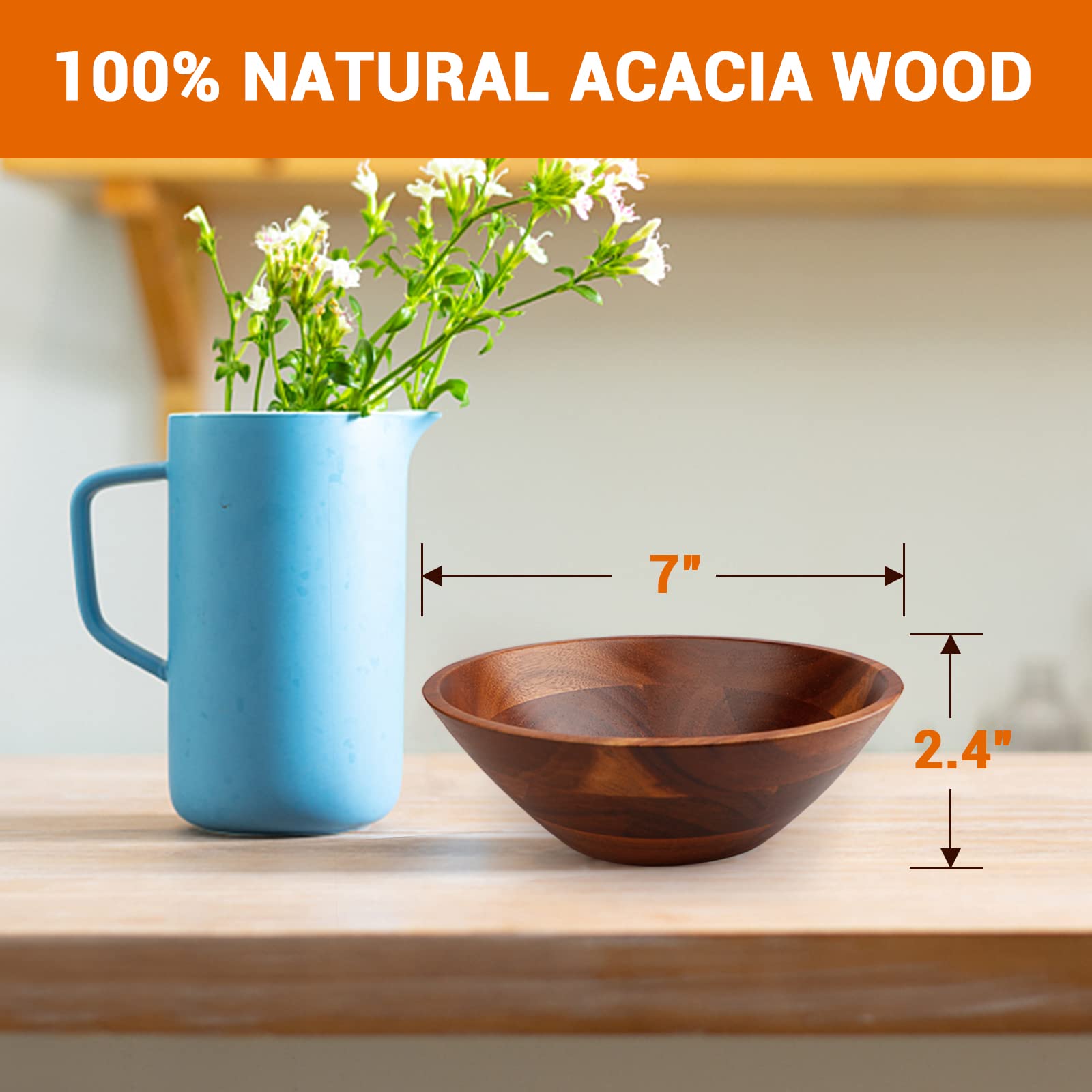 AIDEA Acacia Wooden Serving Bowls, 7 Inch Set of 4 for Salad, Soup, Noodle and More - CookCave