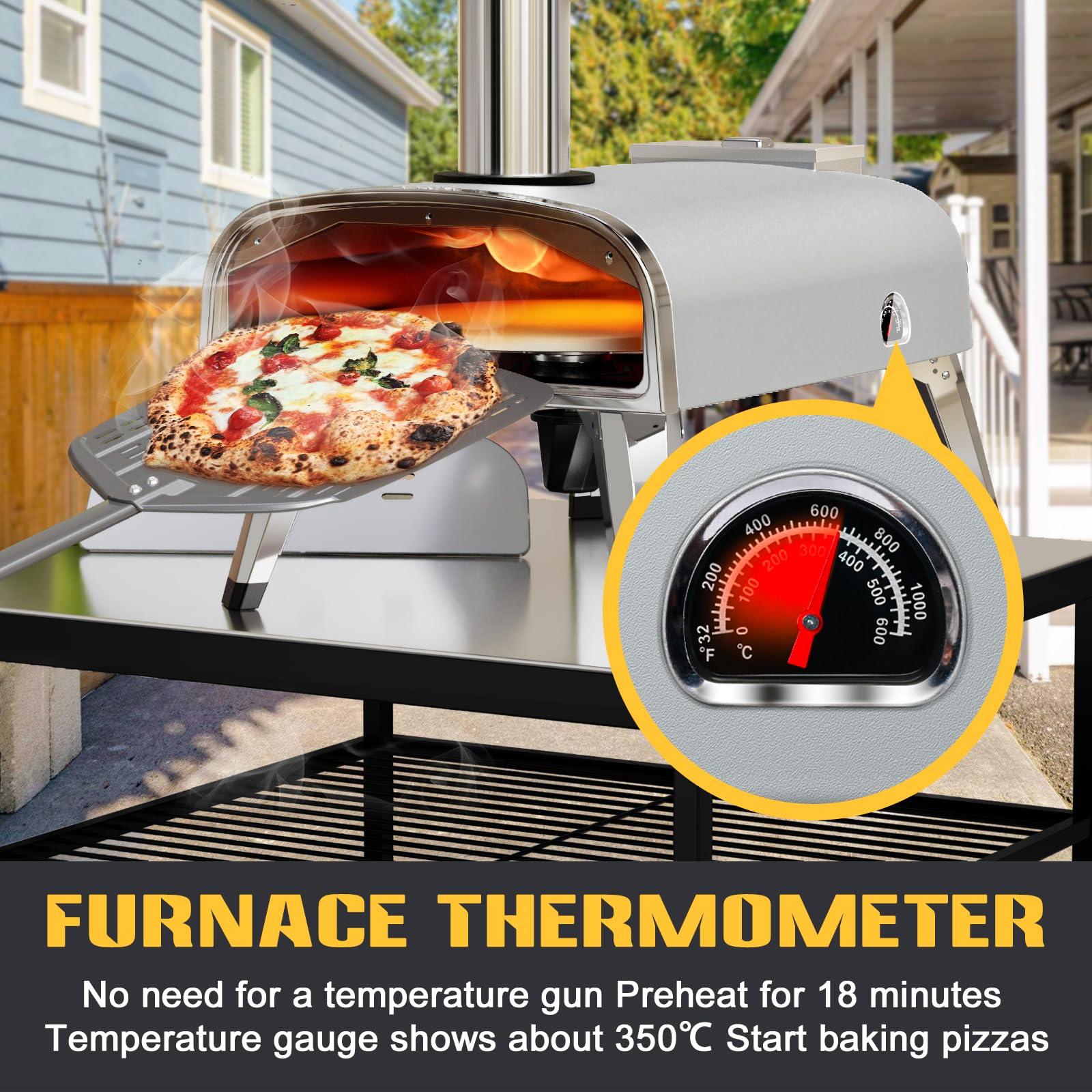 aidpiza Outdoor Pizza Oven 12" Wood Pellet Pizza ovens With Rotatable Round Pizza Stone Portable Wood Fired with Built-in Thermometer Pizza Stove for Outside Backyard Camping Picnics (Grey-revolving) - CookCave