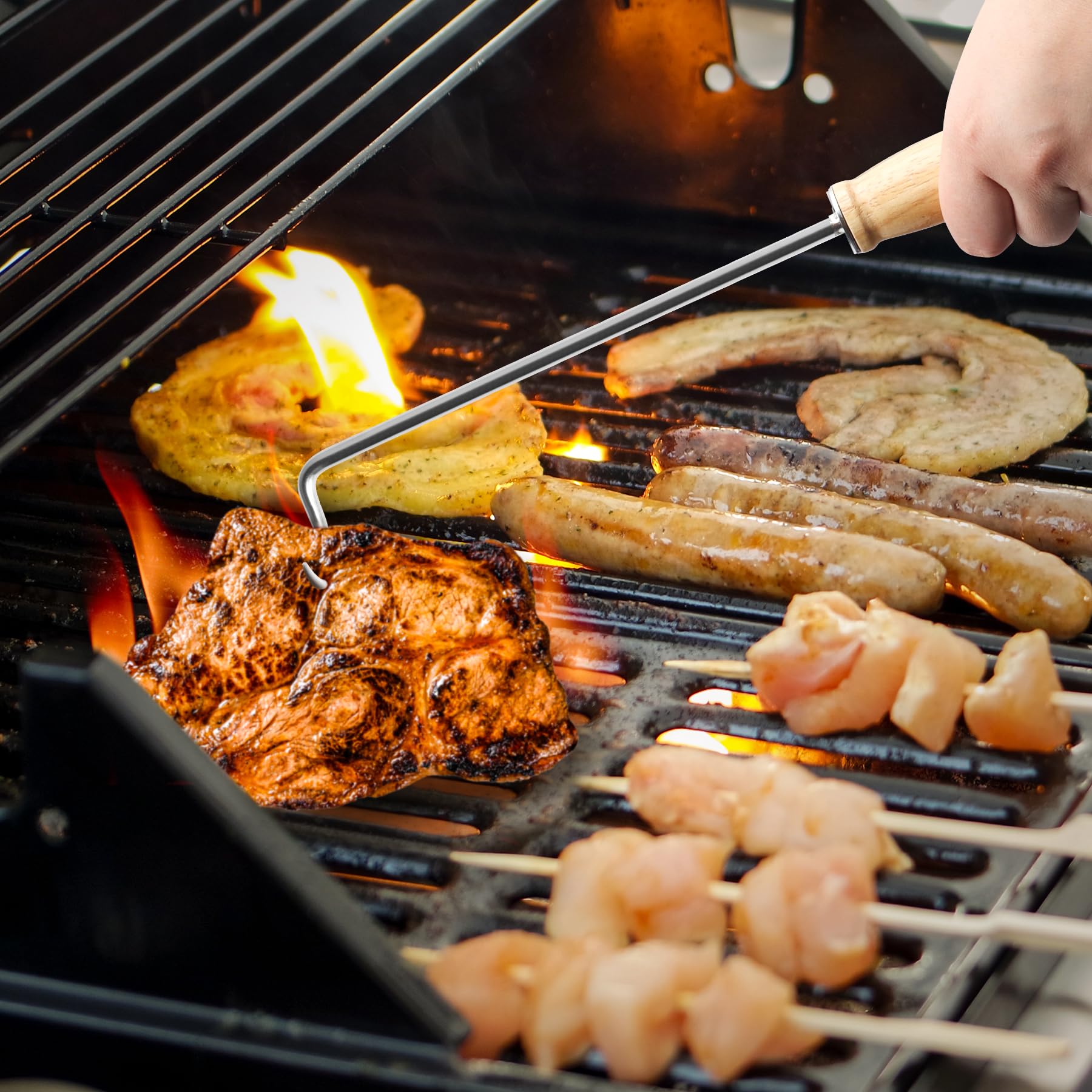 AjinTeby Food Flipper Hooks, Stainless Steel BBQ Turner Flips Meat Steak or Fish - 18-inch and 14-inch Meat Flipper - CookCave