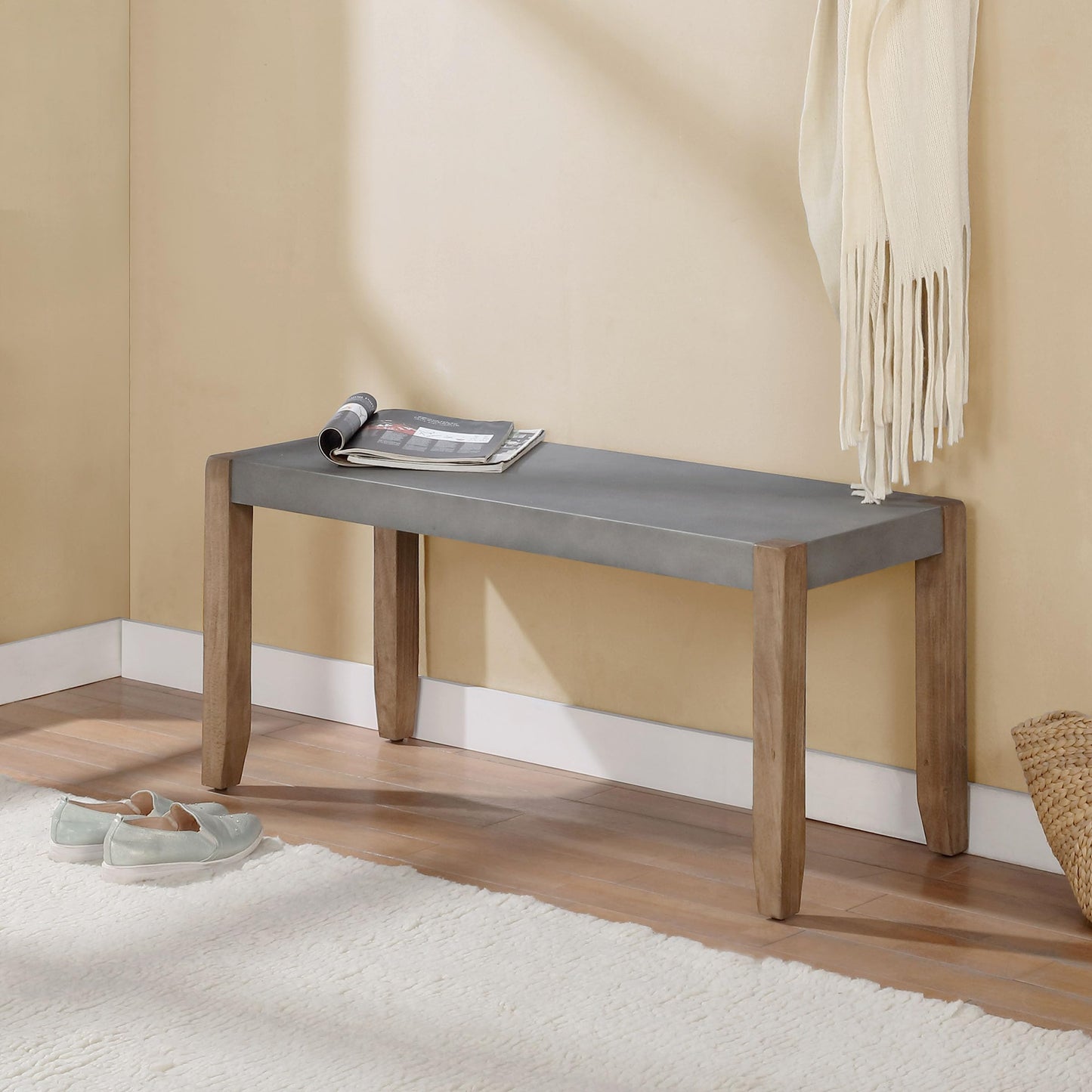 Alaterre Furniture Newport Bench with Faux Concrete Seat and Wood Legs - 40 Inch Entryway Bench with Rustic Industrial Design - Benches for Bedroom, Living Room, Dining Room, and Mudroom - CookCave