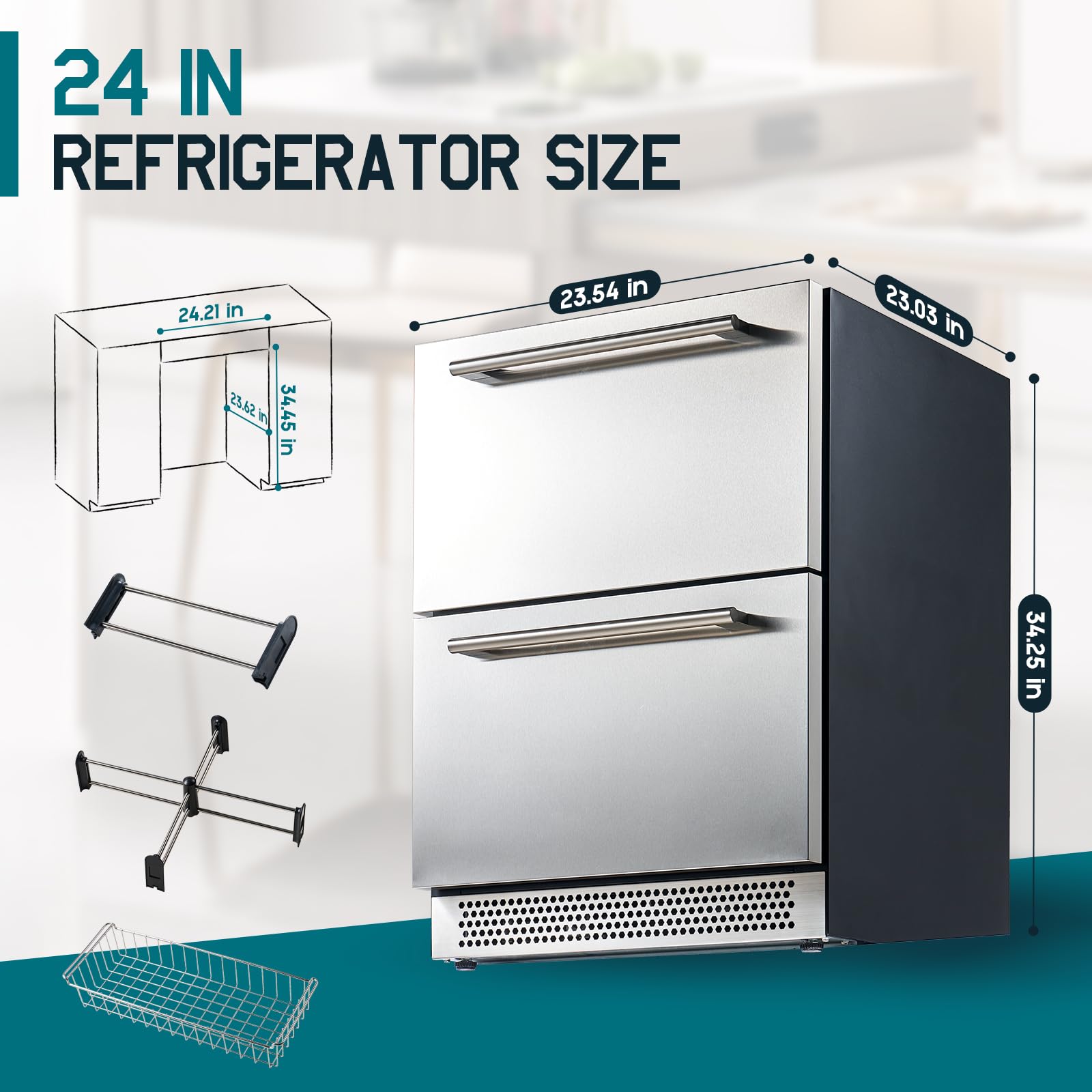 Albott 24 Inch Under Counter Drawer Fridge – Stainless Steel Beverage Refrigerator with Dual Drawers, LED Touch Control, Adjustable Storage, Frost-Free, Low Noise, 34-72℉, for Indoor or Outdoor Use - CookCave