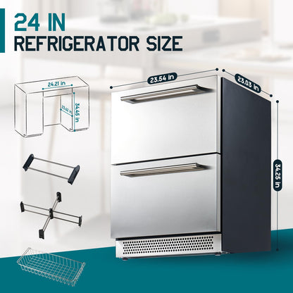 Albott 24 Inch Under Counter Drawer Fridge – Stainless Steel Beverage Refrigerator with Dual Drawers, LED Touch Control, Adjustable Storage, Frost-Free, Low Noise, 34-72℉, for Indoor or Outdoor Use - CookCave