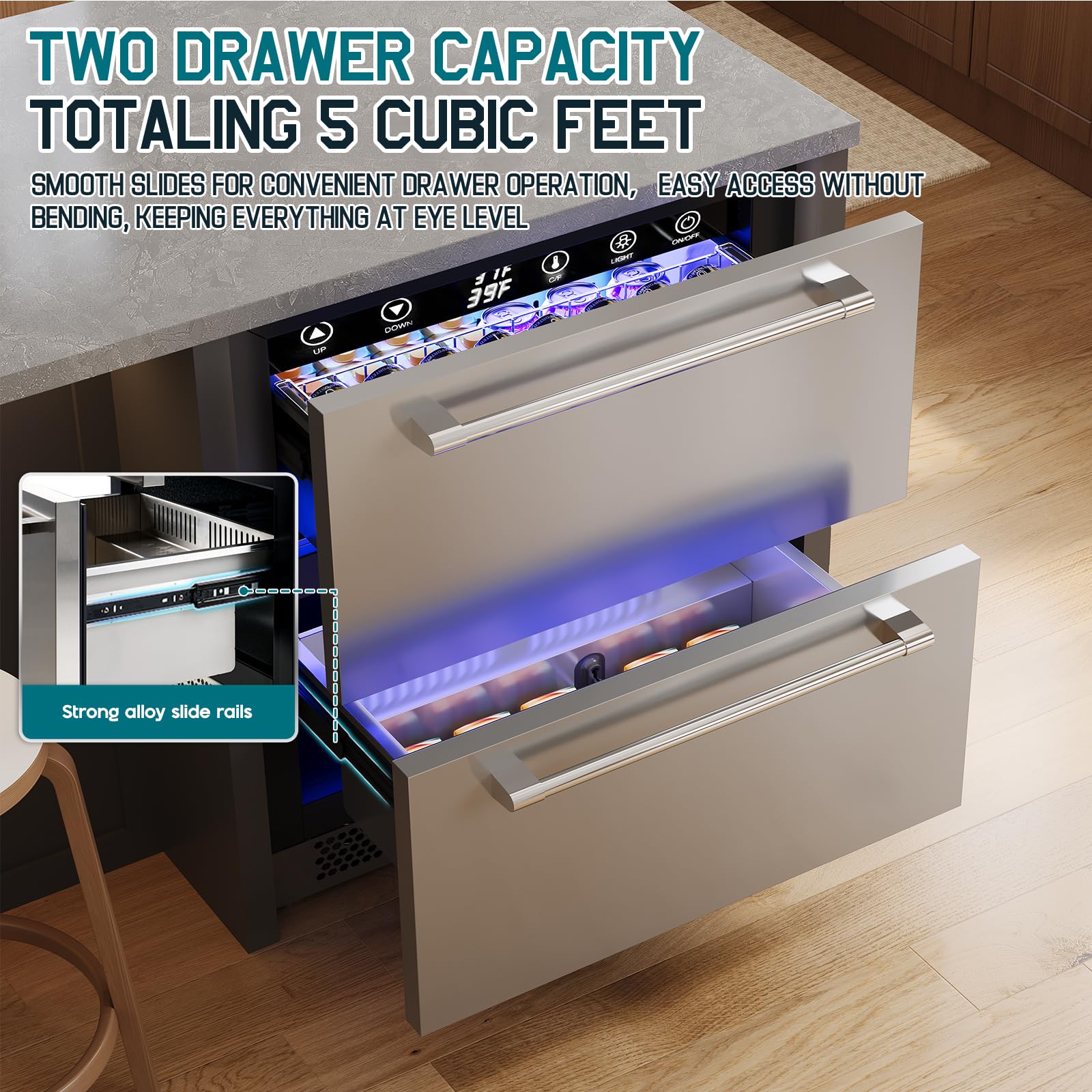 Albott 24 Inch Under Counter Drawer Fridge – Stainless Steel Beverage Refrigerator with Dual Drawers, LED Touch Control, Adjustable Storage, Frost-Free, Low Noise, 34-72℉, for Indoor or Outdoor Use - CookCave
