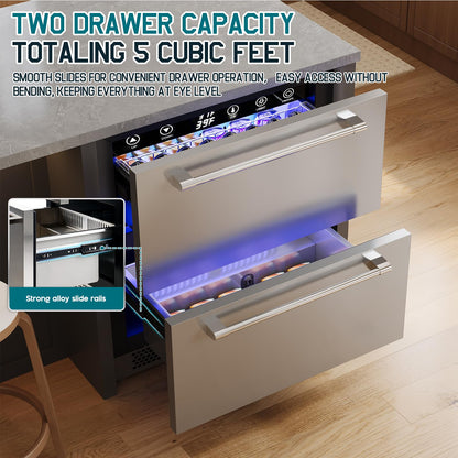 Albott 24 Inch Under Counter Drawer Fridge – Stainless Steel Beverage Refrigerator with Dual Drawers, LED Touch Control, Adjustable Storage, Frost-Free, Low Noise, 34-72℉, for Indoor or Outdoor Use - CookCave