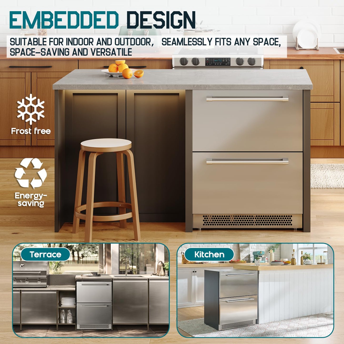 Albott 24 Inch Under Counter Drawer Fridge – Stainless Steel Beverage Refrigerator with Dual Drawers, LED Touch Control, Adjustable Storage, Frost-Free, Low Noise, 34-72℉, for Indoor or Outdoor Use - CookCave