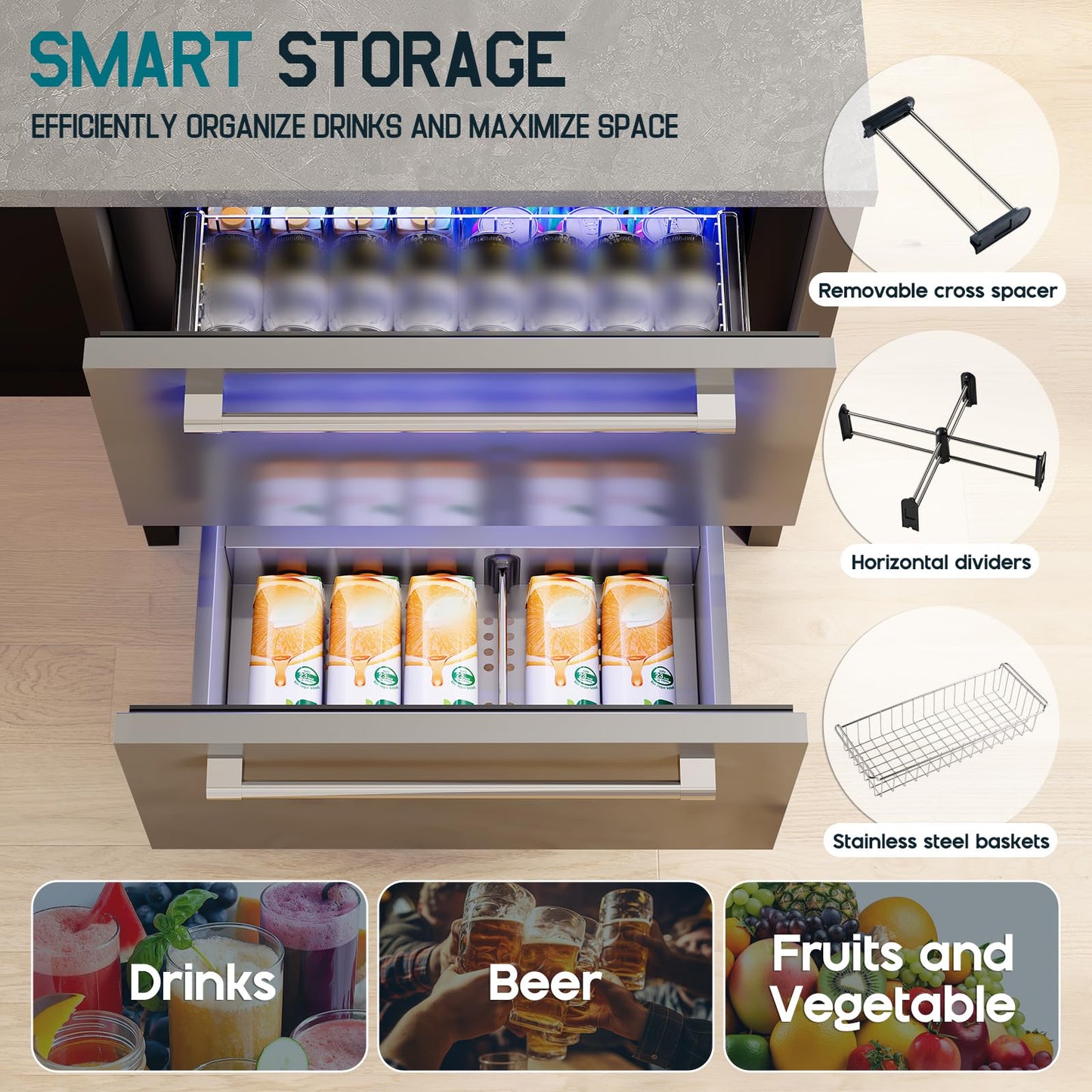 Albott 24 Inch Under Counter Drawer Fridge – Stainless Steel Beverage Refrigerator with Dual Drawers, LED Touch Control, Adjustable Storage, Frost-Free, Low Noise, 34-72℉, for Indoor or Outdoor Use - CookCave